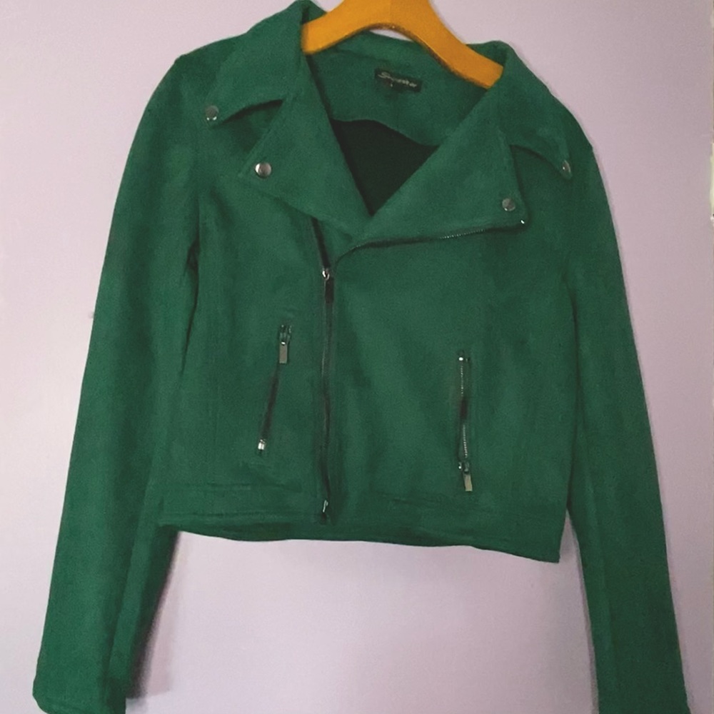Shinestar green faux suede moto jacket, size M
